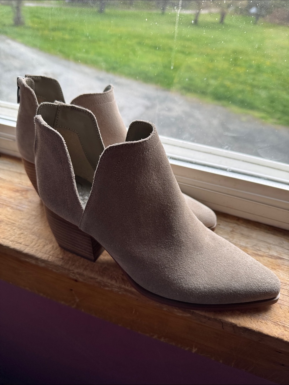 Vince Camuto Taupe Suede Cutout Ankle Booties